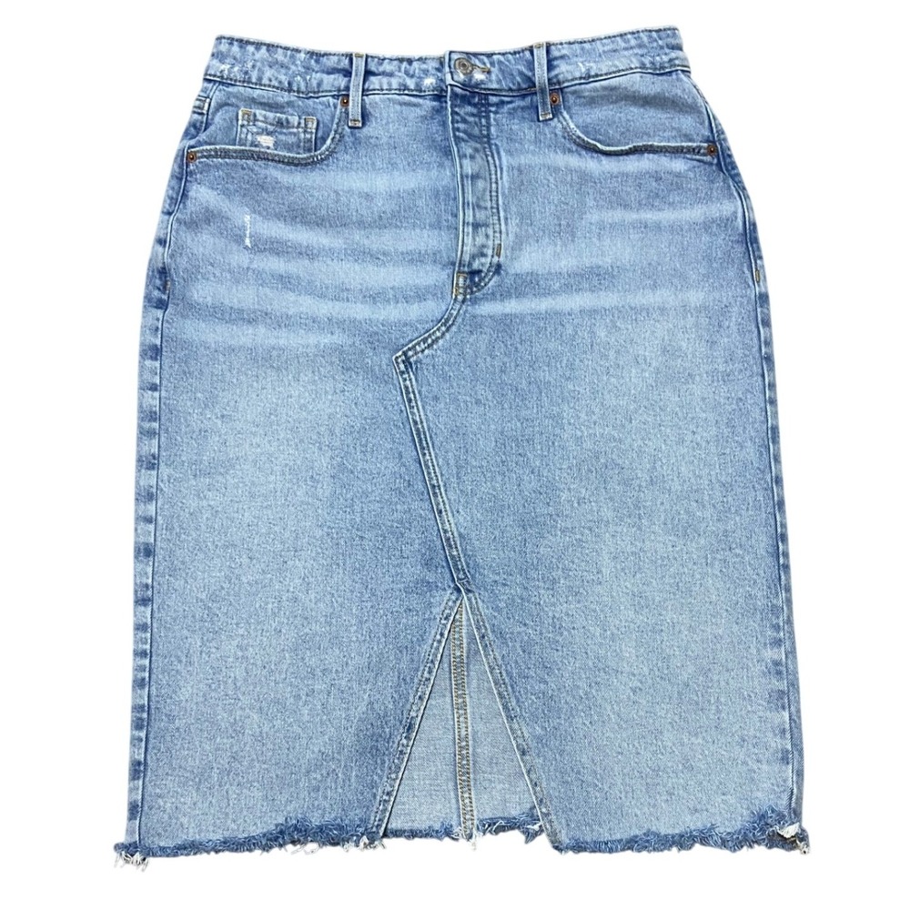 Old Navy Higher High-Rise Denim Midi Skirt Light Wash Button Fly Raw Hem Size 12 - Picture 2 of 10